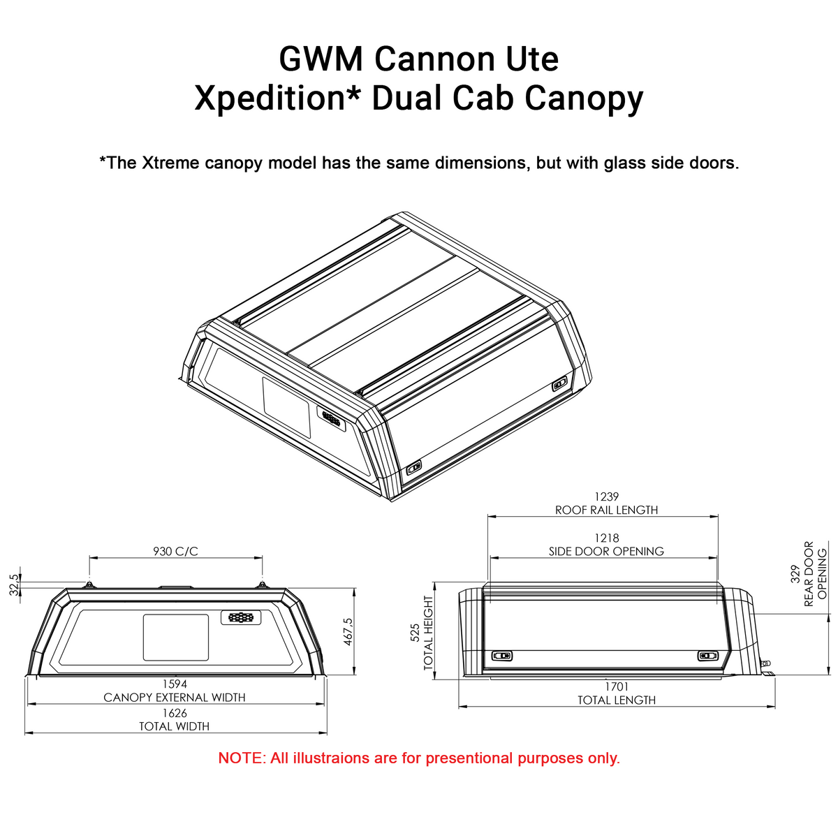 Line drawing of the GWM Cannon dual cab (2020–2025) Xtreme canopy with dimensions