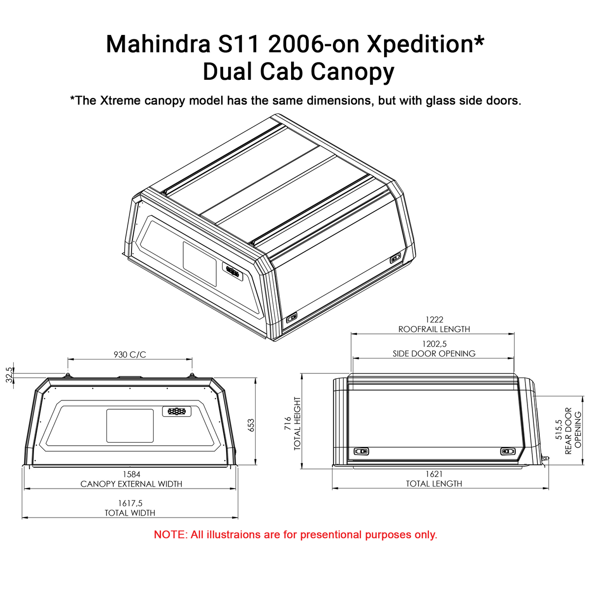 Line drawing of the Mahindra S11 dual cab (2006 on) Xpedition canopy with dimensions
