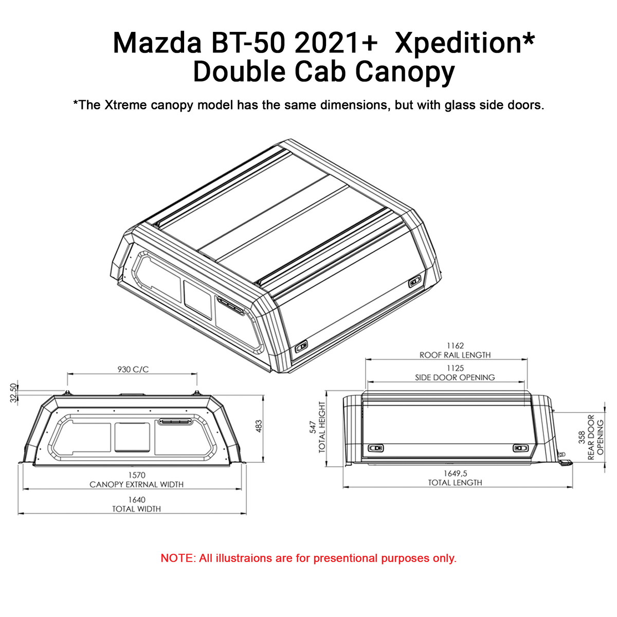 Line drawing of the Mazda BT-50 dual cab (2021 on) Xpedition canopy with dimensions