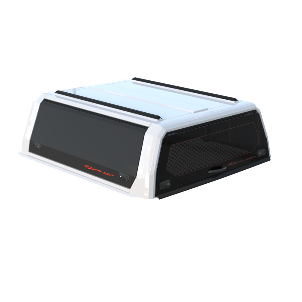 Xpedition canopy with a white frame and black doors