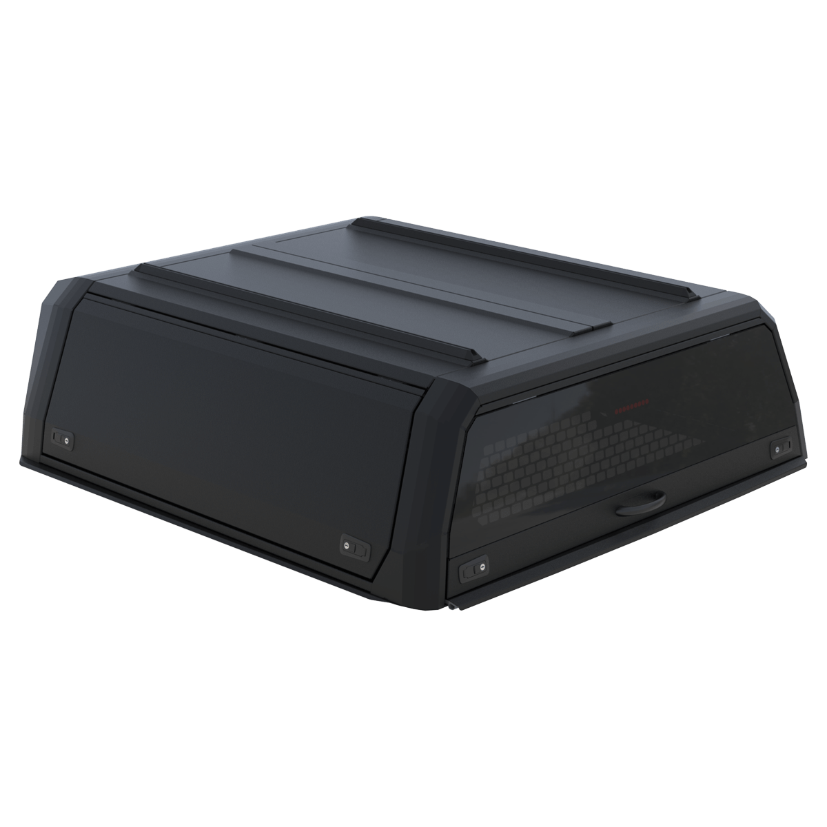 Black Xpedition canopy for the RAM 5'7" truck bed, doors closed