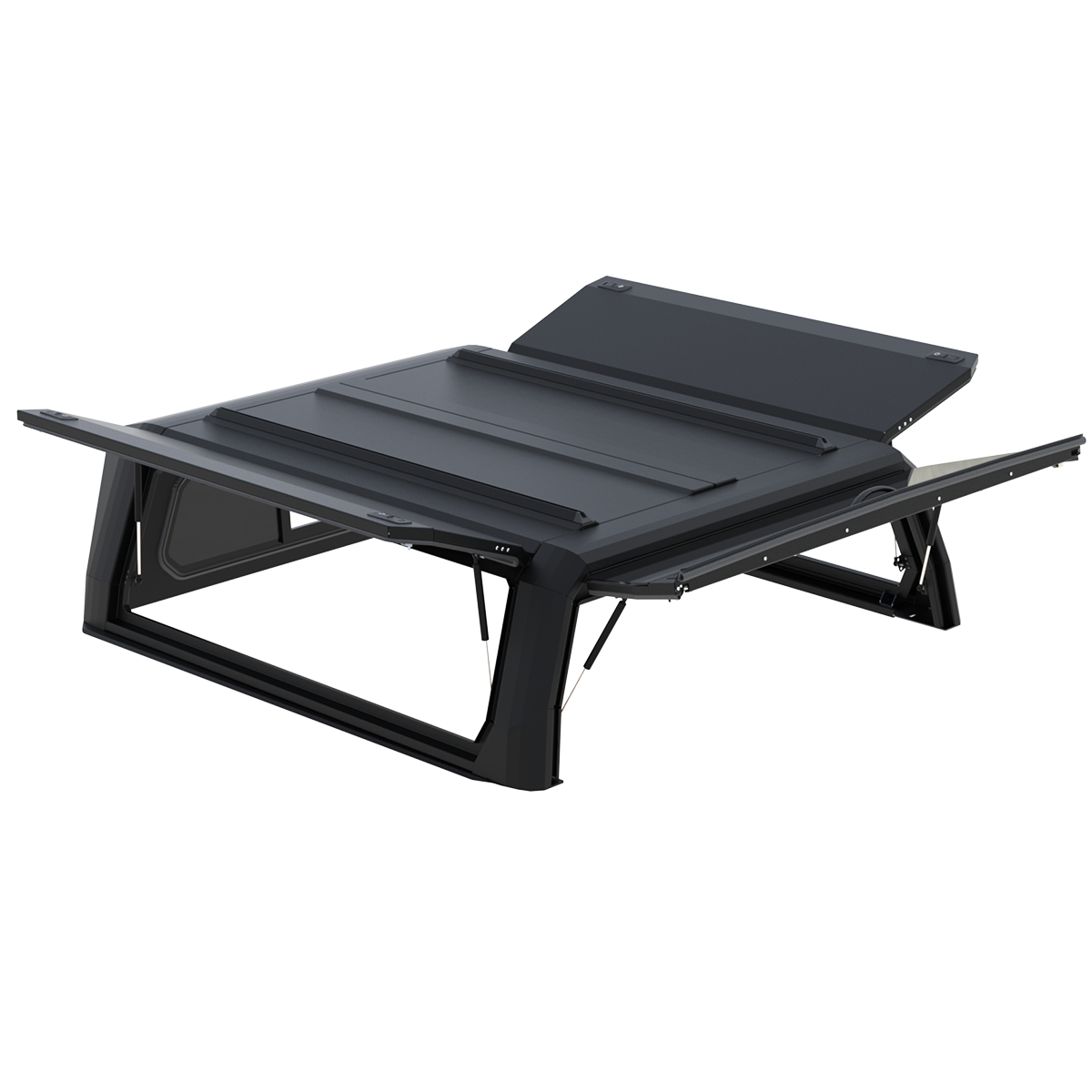 Black Xpedition canopy for the RAM 6'4" truck bed, side doors open