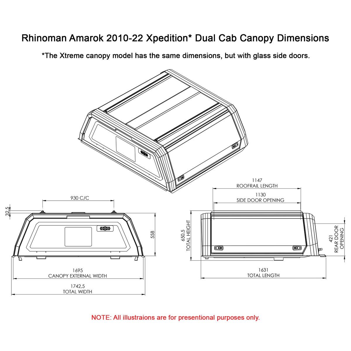 Line drawing of the VW Amarok dual cab (2010–2022) Xtreme canopy with dimensions